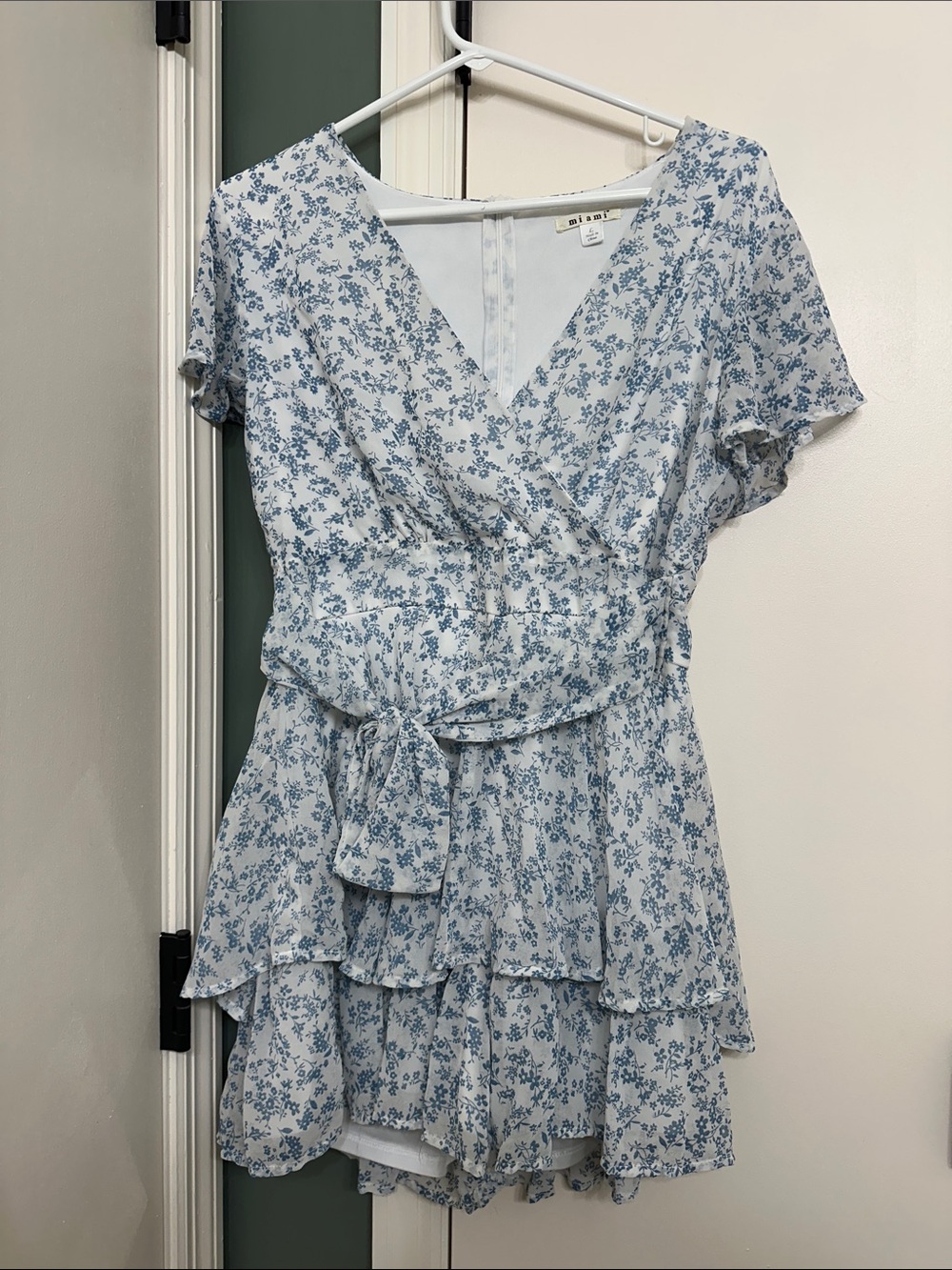 Light Blue Floral Wrap Romper with Tie Waist